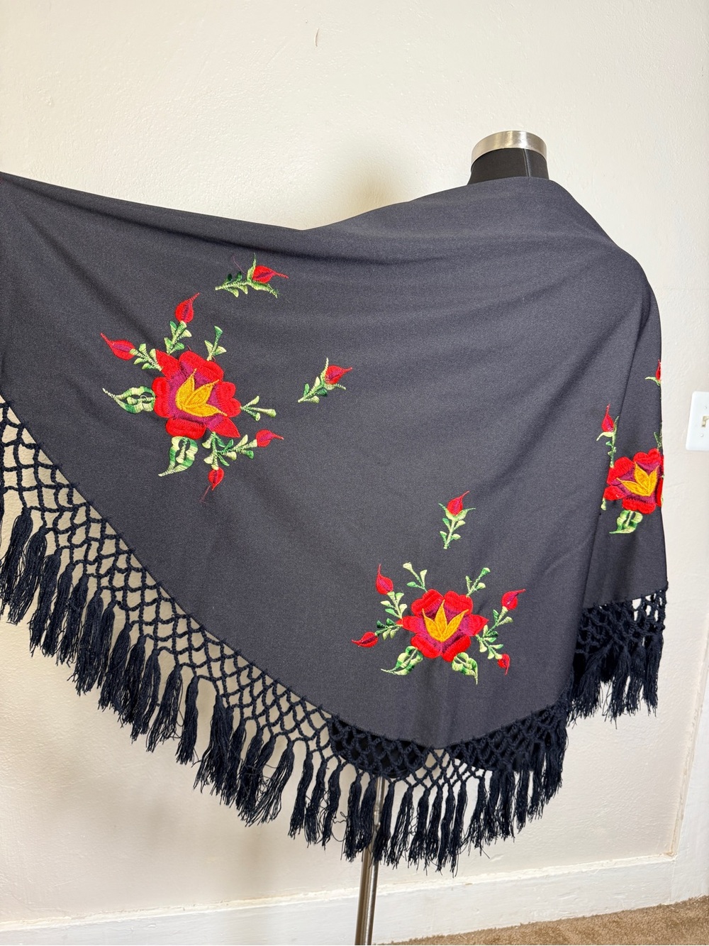 Floral embroidered crochet fringe shawl wrap